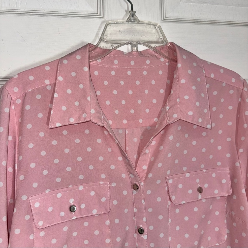 Pink Polka Dot Button-Front Utility Blouse with Silver Buttons and Chest Pockets - Picture 7 of 10